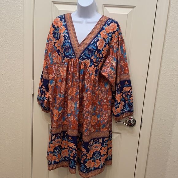 Made With ❤️ Dress Tunic Top V Neck 3/4 Sleeves Elastic Floral Orange Blue XXL - Picture 2 of 10